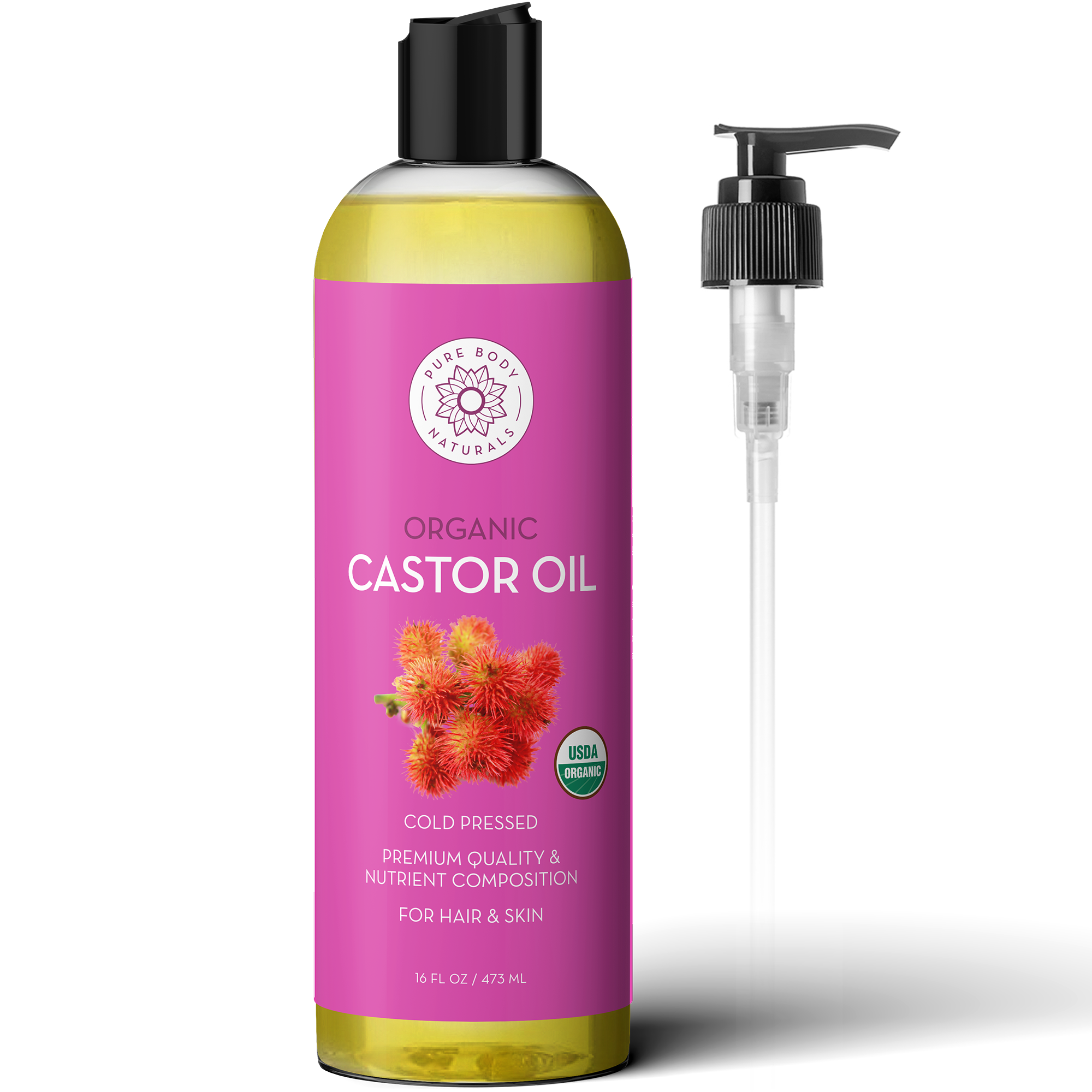 Bottle of organic castor oil with a pump on a white background