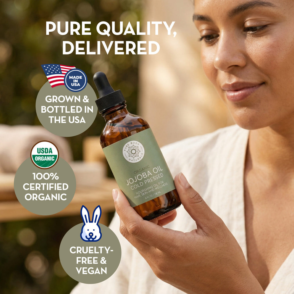 Woman holding a bottle of organic jojoba oil with text highlighting USA-grown, certified organic, cruelty-free, and vegan benefits.