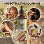 Jojoba oil bottle with visuals showing multiple uses for face, hair, body, cuticles, and DIY skincare.
