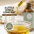 Dropper dispensing jojoba oil with usage guide showing recommended drops for face, hair, body, and cuticles.