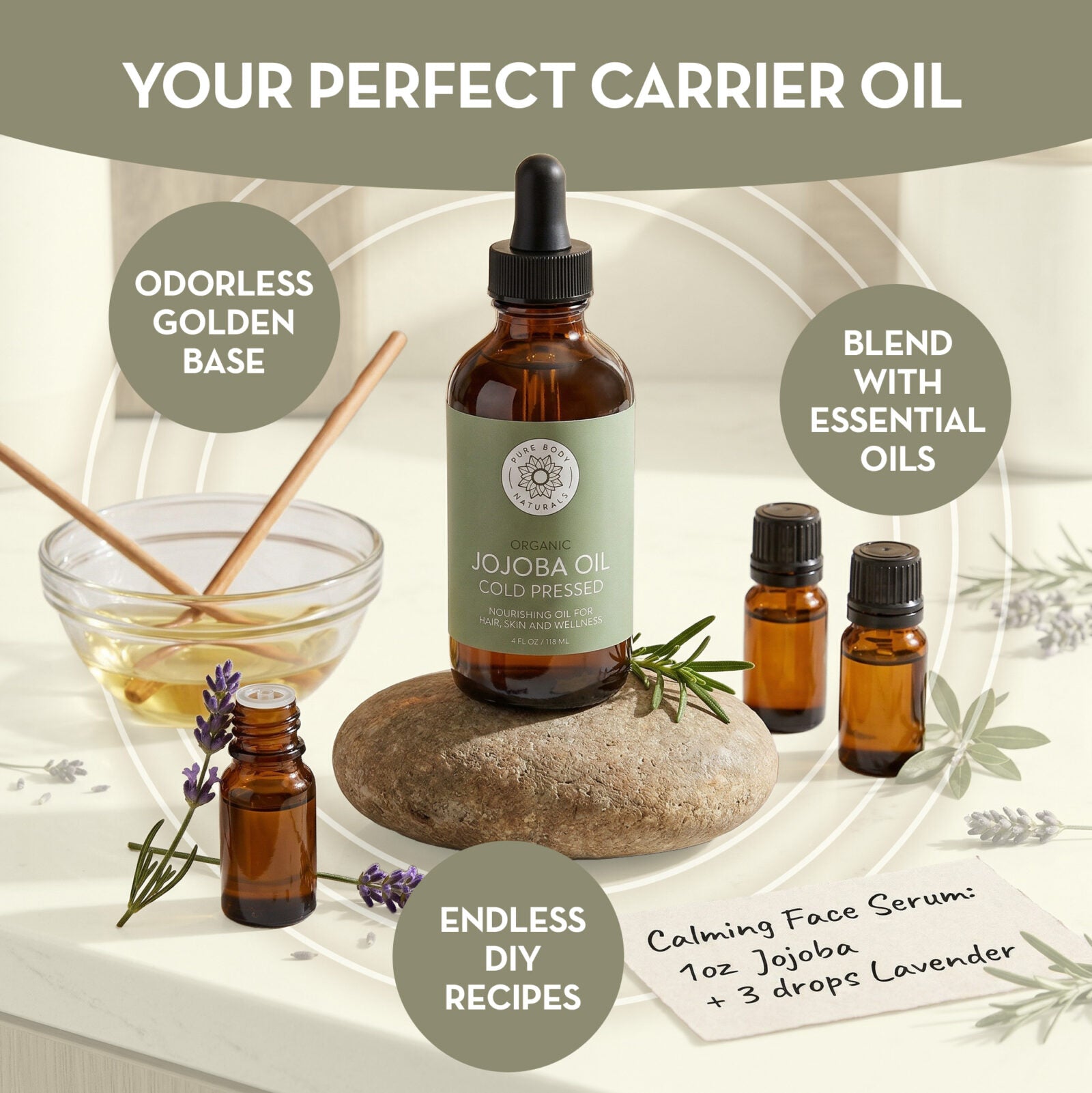 Jojoba oil bottle shown as a carrier oil with essential oils, highlighting odorless base and DIY skincare uses.