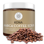 Kona Arabica Coffee Scrub container with coffee beans on a white background