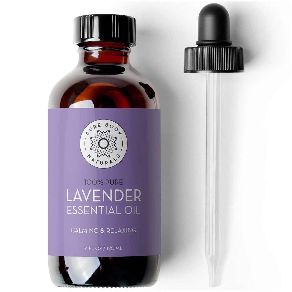 Bottle of lavender essential oil with a dropper on a white background