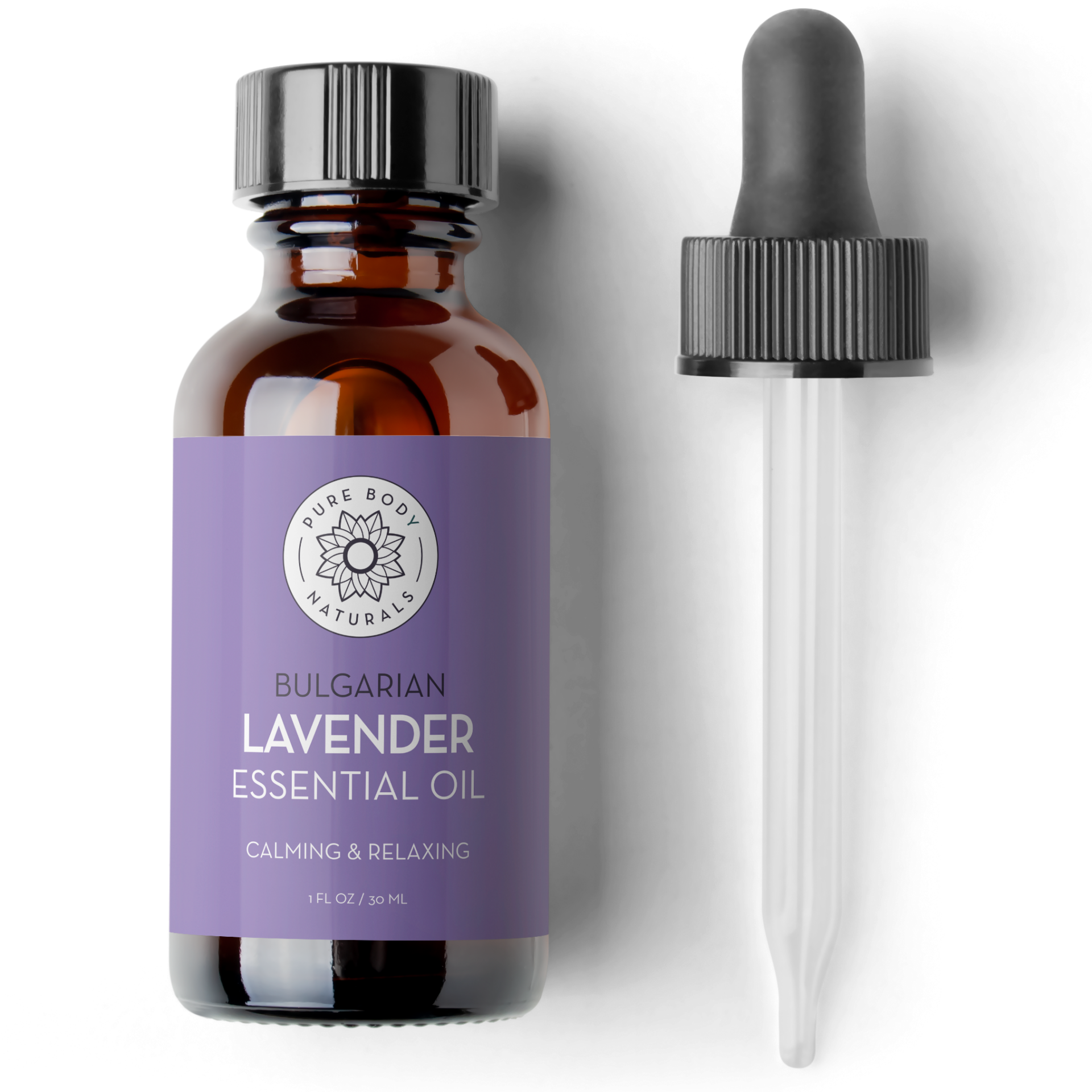 Bulgarian Lavender essential oil bottle with dropper on a white background