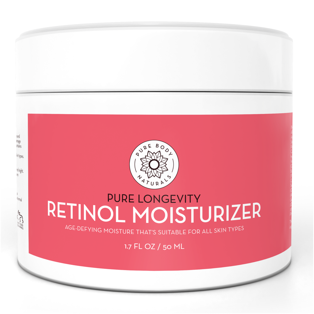 A jar of Retinol Moisturizer Cream, 1.7 Ounce, featuring a white lid and sides with a pink front label. The text on the label mentions its age-defying properties and suitability for all skin types. The jar contains 1.7 fluid ounces (50 ml).