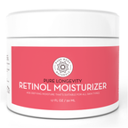A jar of Retinol Moisturizer Cream, 1.7 Ounce, featuring a white lid and sides with a pink front label. The text on the label mentions its age-defying properties and suitability for all skin types. The jar contains 1.7 fluid ounces (50 ml).