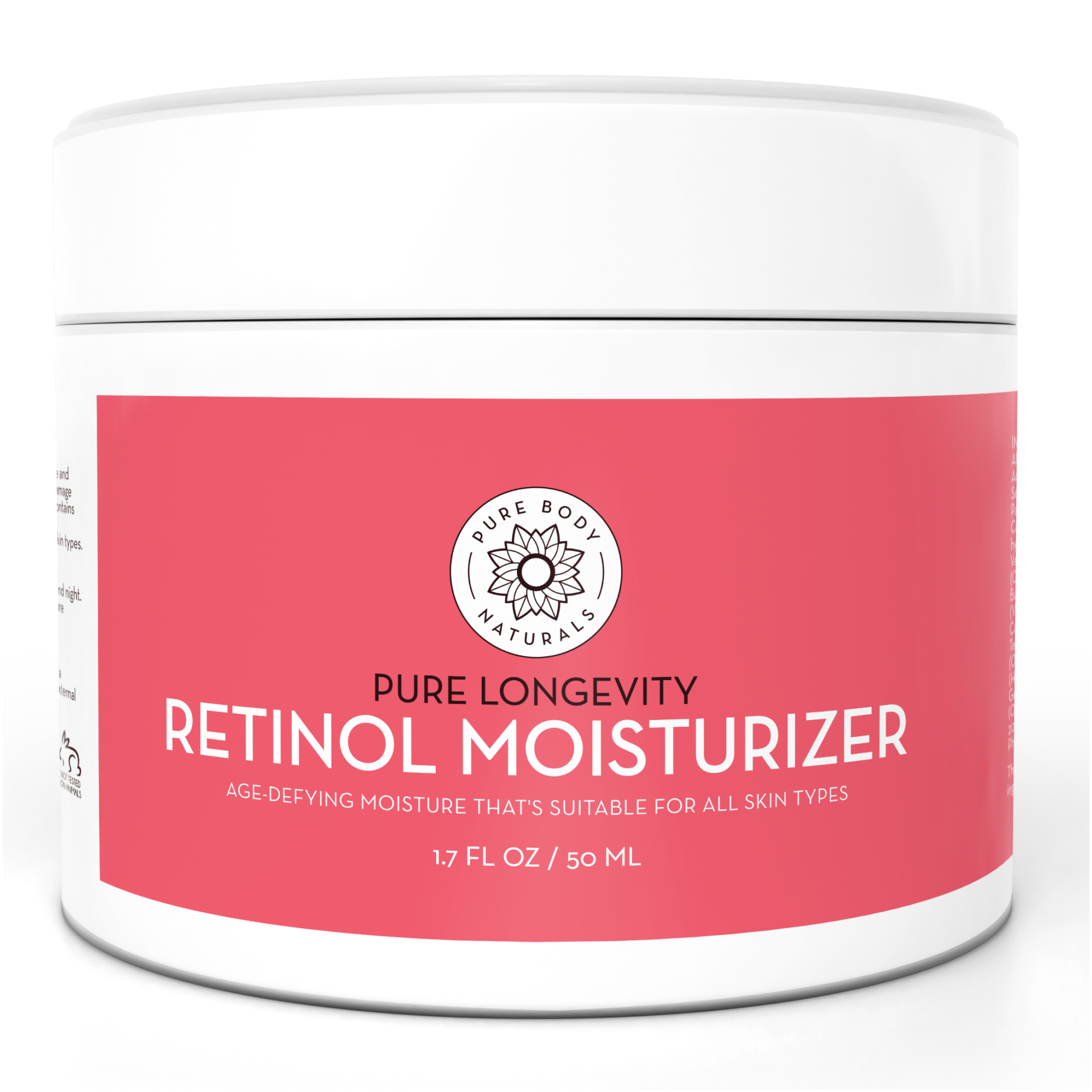 A jar of Retinol Moisturizer Cream, 1.7 Ounce, featuring a white lid and sides with a pink front label. The text on the label mentions its age-defying properties and suitability for all skin types. The jar contains 1.7 fluid ounces (50 ml).