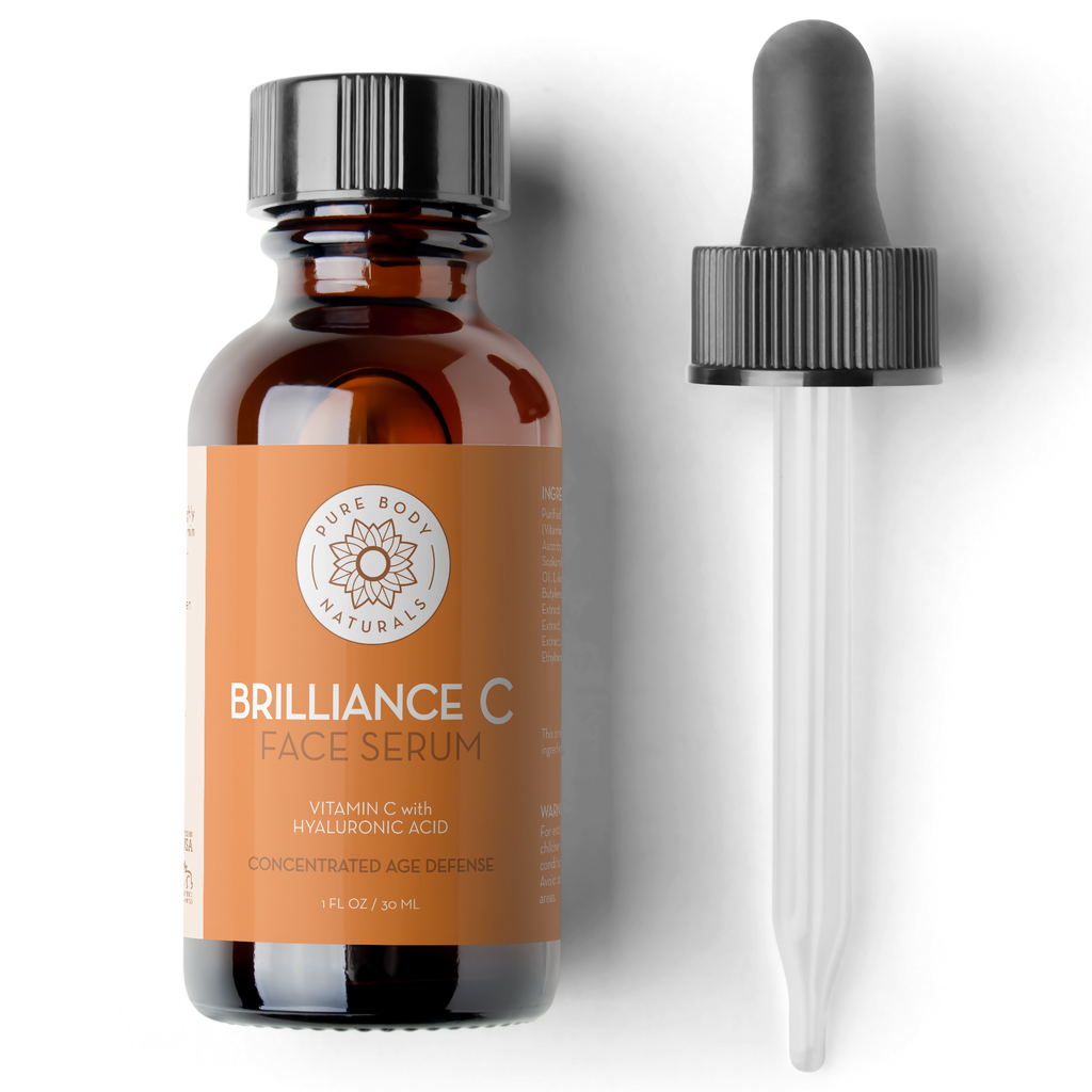 Brilliance C Face Serum bottle with dropper, Vitamin C with Hyaluronic Acid, Pure Body Naturals.