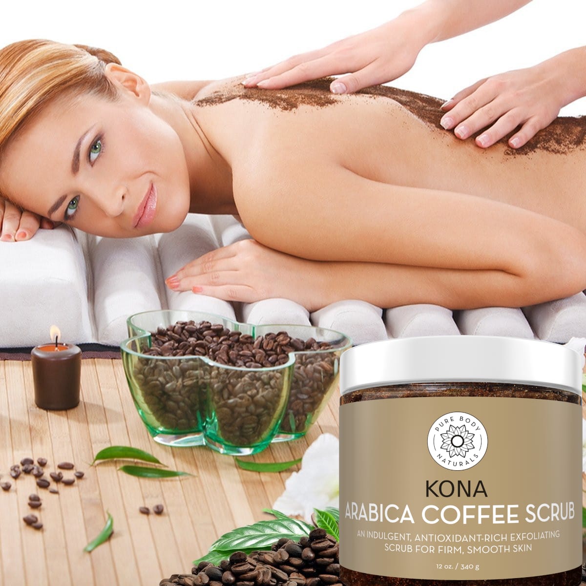 Woman receiving a coffee scrub treatment with Kona Arabica Coffee Scrub jar and coffee beans on a table.