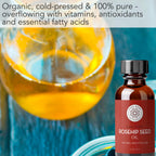 A brown glass bottle labeled "Rosehip Seed Oil, 1 fl oz" is set against a background featuring a close-up of a golden liquid with text above reading "Organic, cold-pressed & 100% pure - overflowing with vitamins, antioxidants and essential fatty acids.