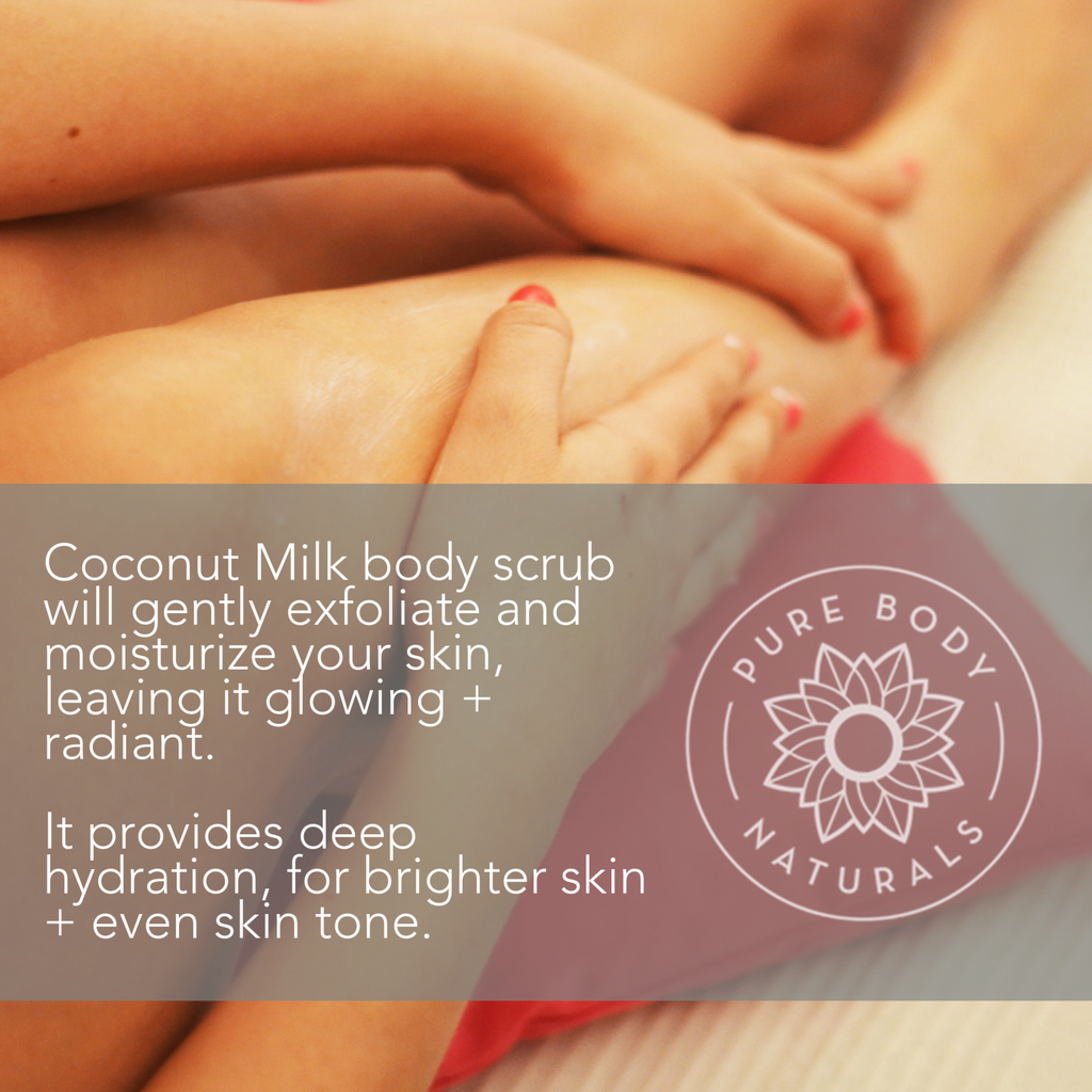 A person receiving a massage, showcasing hands exfoliating their back. Overlaid text promotes "Coconut Milk Exfoliating Body Scrub," claiming it gently exfoliates, moisturizes, provides deep hydration, and improves skin tone for a glowing appearance.