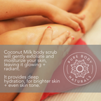 A person receiving a massage, showcasing hands exfoliating their back. Overlaid text promotes "Coconut Milk Exfoliating Body Scrub," claiming it gently exfoliates, moisturizes, provides deep hydration, and improves skin tone for a glowing appearance.