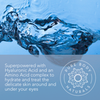 Close-up of water splashing with ripples on a blue background. Text overlay reads: "Superpowered with Hyaluronic Acid and an Amino Acid complex to hydrate and treat the delicate skin around and under your eyes." Logo with text "Cool Hydration Eye Gel Treatment" and floral design below.