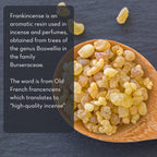 A wooden spoon filled with granules of Frankincense Essential Oil, 4 fl oz sits on a dark stone surface. Text on the image describes frankincense as an aromatic resin used in incense and perfumes, derived from trees in the Boswellia genus, and its name translates to "high-quality incense.