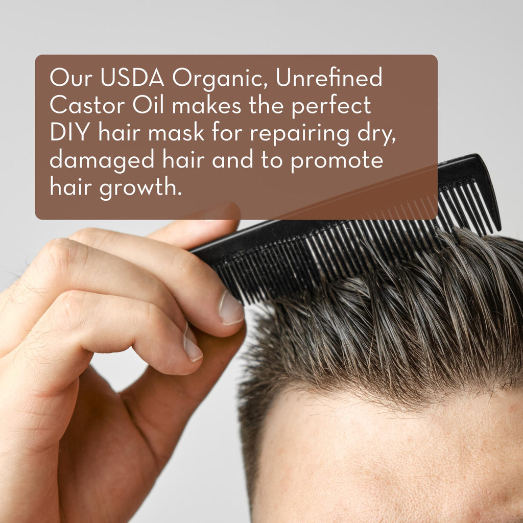 A close-up of someone combing their short, dark hair. A text overlay on a brown background states: "Our Cold Pressed Castor Oil makes the perfect DIY hair mask for repairing dry, damaged hair and to promote hair growth.