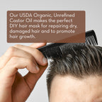 A close-up of someone combing their short, dark hair. A text overlay on a brown background states: "Our Cold Pressed Castor Oil makes the perfect DIY hair mask for repairing dry, damaged hair and to promote hair growth.