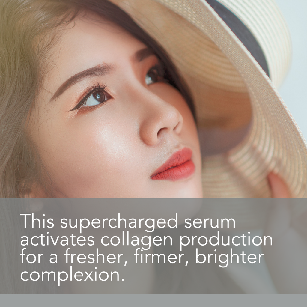 A woman with smooth, glowing skin and red lipstick looks upwards while holding the brim of a straw hat. A text overlay reads: "Age Defying Hyaluronic Acid Serum with Vitamins C & E, 1 Fl Ounce activates collagen production for a fresher, firmer, brighter complexion.