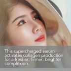 A woman with smooth, glowing skin and red lipstick looks upwards while holding the brim of a straw hat. A text overlay reads: "Age Defying Hyaluronic Acid Serum with Vitamins C & E, 1 Fl Ounce activates collagen production for a fresher, firmer, brighter complexion.