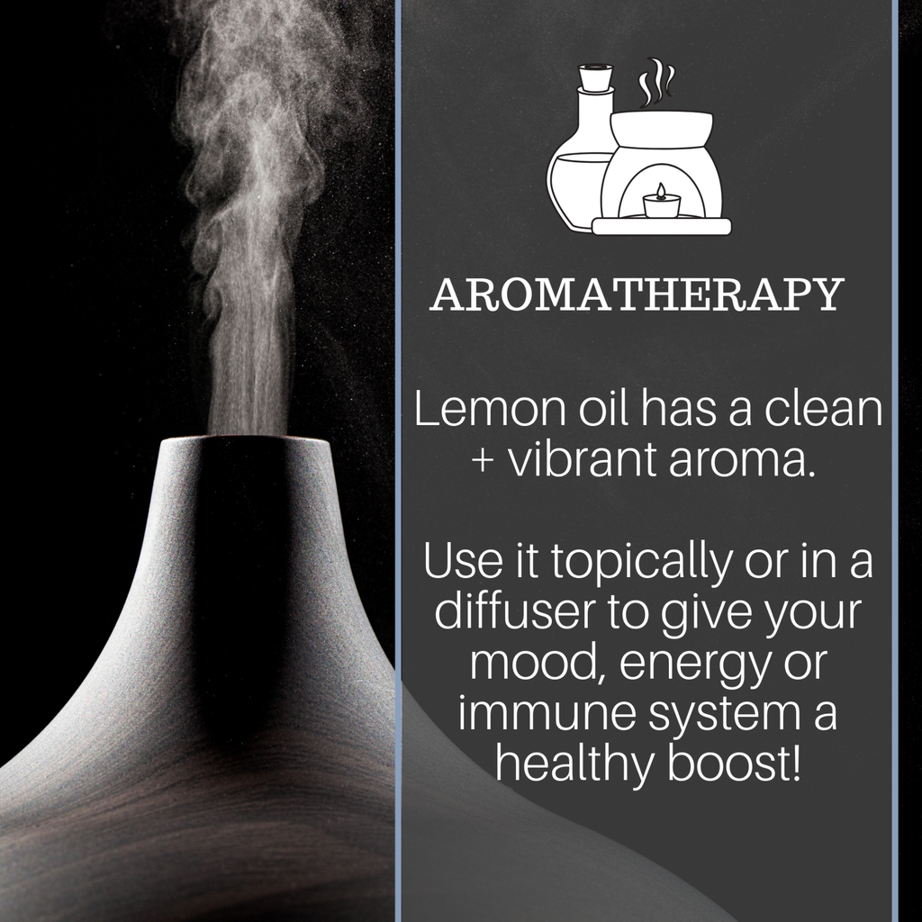 A dark brown essential oil diffuser emitting vapor is on the left. On the right, text reads: "Aromatherapy. Lemon Essential Oil, 4 fl oz has a clean + vibrant aroma. Use it topically or in a diffuser to give your mood, energy, or immune system a healthy boost!