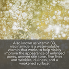 A background of golden and white bubbles with a semi-transparent overlay at the bottom containing text about Vitamin B3 Serum. The text explains that Vitamin B3 Serum, also known as vitamin B3, helps improve the appearance of skin by targeting pores, skin tone, fine lines, wrinkles, dullness, and surface weakness.