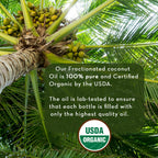 A view from below a coconut tree with coconuts hanging from it. Overlay text reads, "Our Fractionated Coconut Oil, 100% Pure is 100% pure and Certified Organic by the USDA. The oil is lab-tested to ensure that each bottle is filled with only the highest quality oil.” The USDA Organic seal is at the bottom.