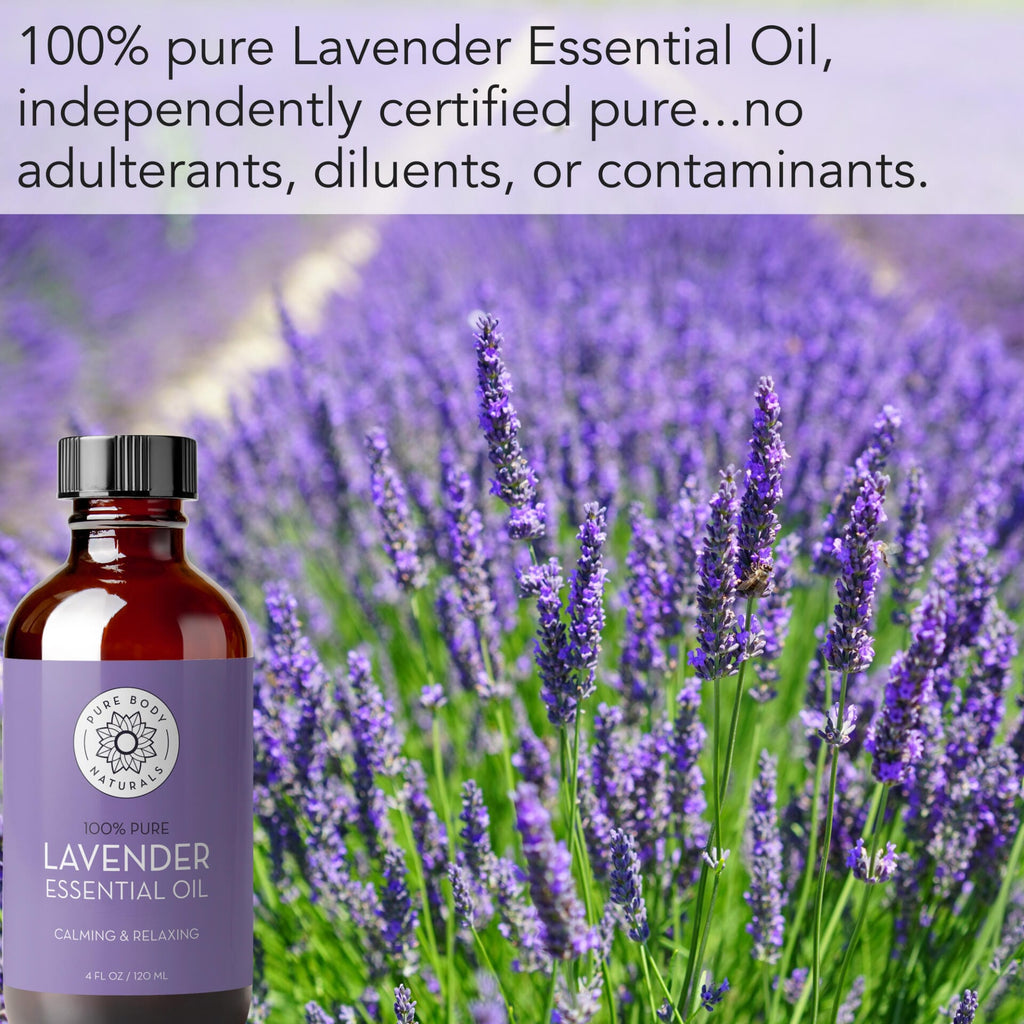 Lavender essential oil bottle with lavender flowers in the background