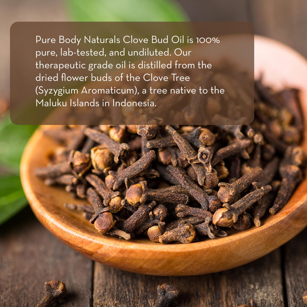 A wooden bowl filled with dried clove buds sits on a wooden surface, with green leaves partially visible in the background. An informational text overlay describes the product as "Clove Essential Oil, 10 ml," derived from the clove tree native to Indonesia.
