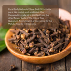A wooden bowl filled with dried clove buds sits on a wooden surface, with green leaves partially visible in the background. An informational text overlay describes the product as "Clove Essential Oil, 10 ml," derived from the clove tree native to Indonesia.