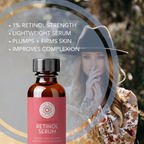 An amber bottle of Retinol Face Serum with Witch Hazel, Myrtle Oil, and Ginseng, 1 Fl Oz is featured in the foreground. Text beside the bottle highlights its benefits: 1% retinol strength, lightweight serum, plumps and firms skin, and improves complexion. A woman in a hat is in the background.