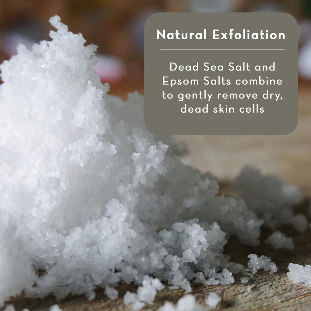 Dead Sea salt and Epsom salt on a wooden surface with text about natural exfoliation.