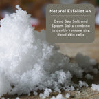 Dead Sea salt and Epsom salt on a wooden surface with text about natural exfoliation.