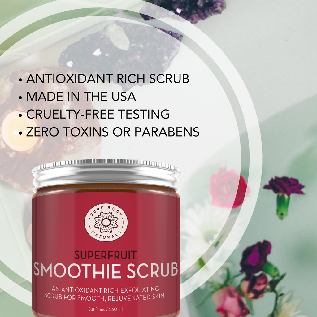 A jar of Superfruit Smoothie Scrub from Pure Body Naturals is in the foreground. The jar label mentions it's rich in antioxidants for smooth, rejuvenated skin. Bulleted text around it emphasizes that it's made in the USA, cruelty-free, and contains zero toxins or parabens.
