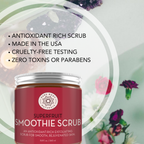 A jar of Superfruit Smoothie Scrub from Pure Body Naturals is in the foreground. The jar label mentions it's rich in antioxidants for smooth, rejuvenated skin. Bulleted text around it emphasizes that it's made in the USA, cruelty-free, and contains zero toxins or parabens.
