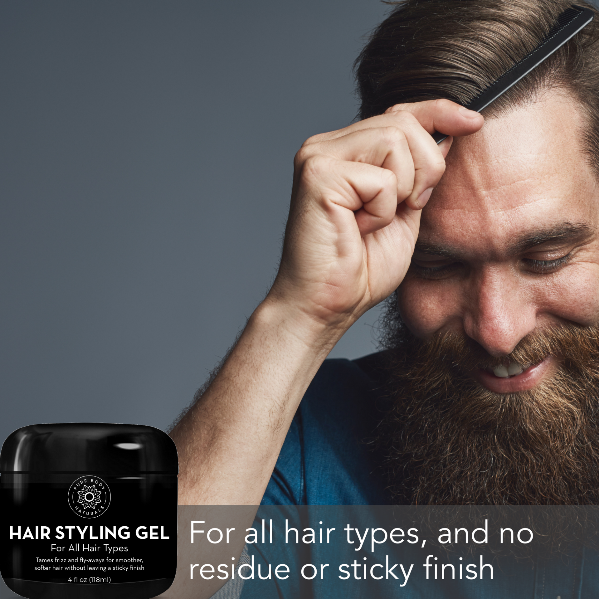 A bearded man is styling his hair using a comb while holding a container of Hair Gel for Men. The text on the container reads "Hair Gel for Men." The image promotes the gel's qualities, stating it provides a residue-free and non-sticky finish.