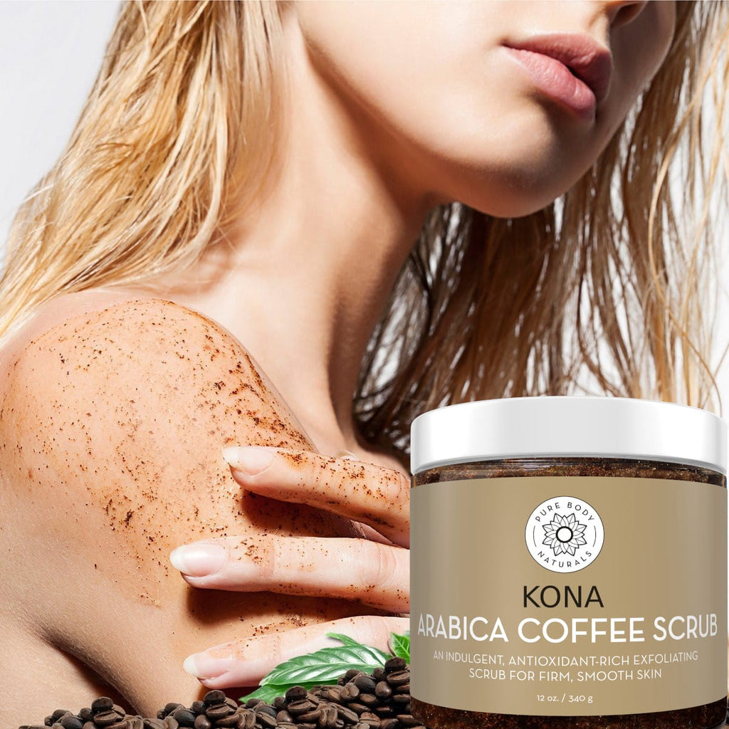 Woman applying Kona Arabica Coffee Scrub to her skin with a jar of the product in the foreground.