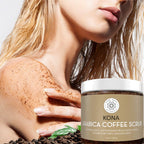 Woman applying Kona Arabica Coffee Scrub to her skin with a jar of the product in the foreground.