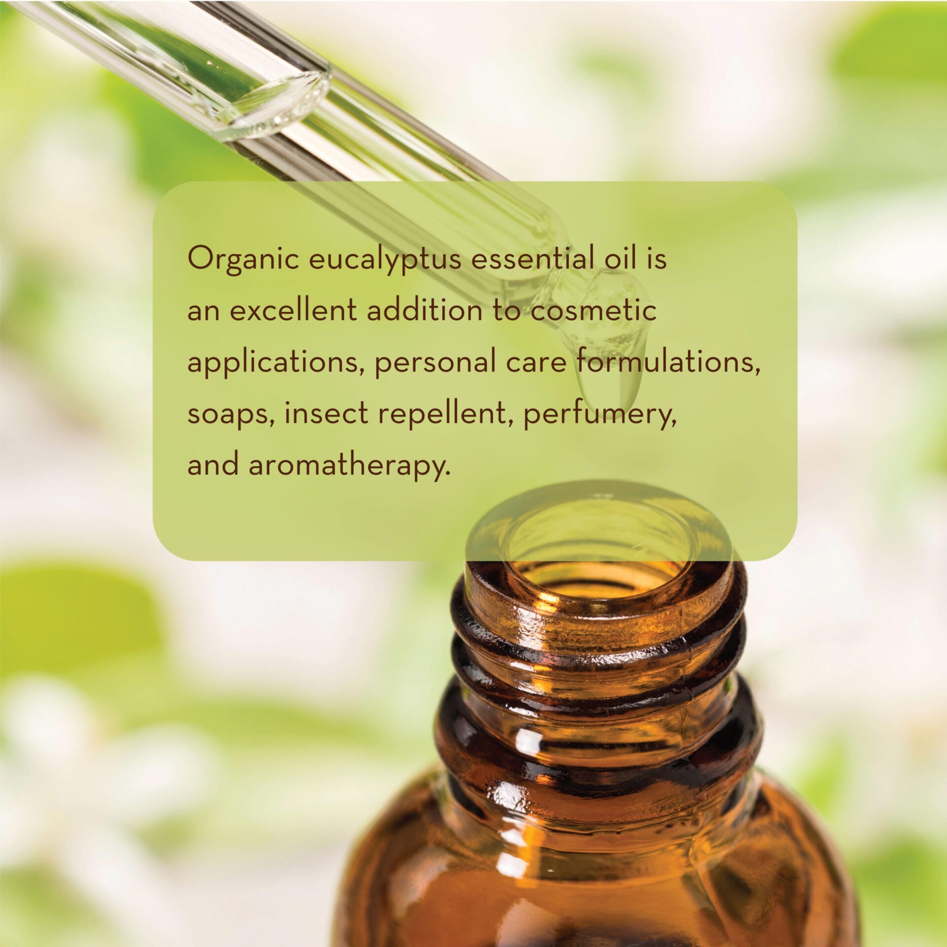 A close-up image of a dropper dispensing Organic Eucalyptus Oil, 1 fl oz into an amber bottle. The background is blurred with green and white hues. A translucent text overlay highlights the oil's uses: cosmetics, personal care, soaps, insect repellent, perfumery, and aromatherapy.