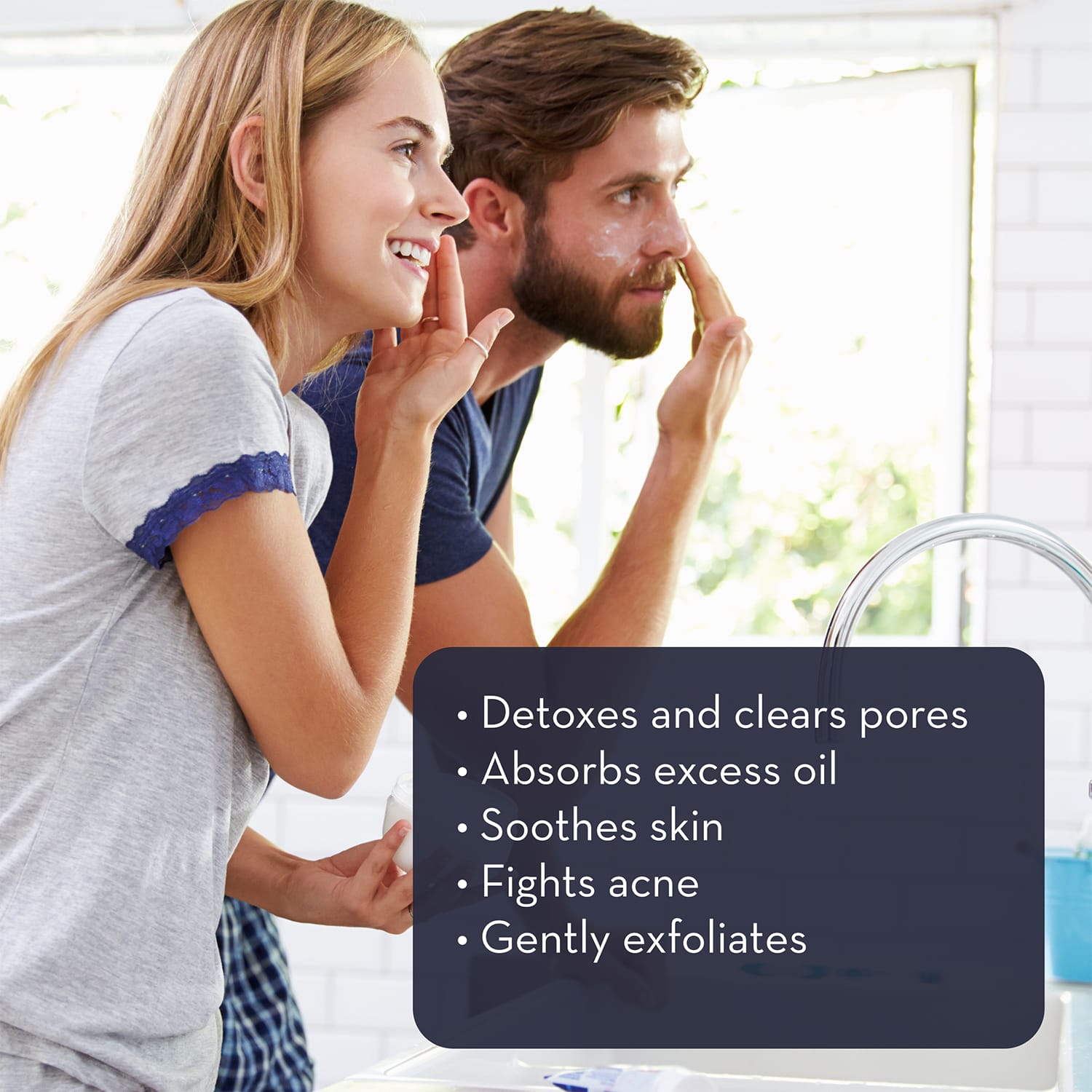 A woman and a man stand side by side in a bathroom, applying Kaolin Clay Powder, 100 g to their faces. A text overlay lists the benefits: "Detoxes and clears pores, absorbs excess oil, soothes skin, fights acne, gently exfoliates.