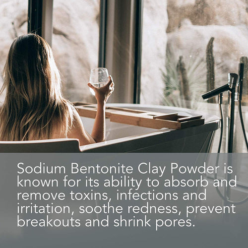 A person with long hair is sitting in a bathtub near a window, holding a glass. The text on the image reads, "Bentonite Indian Healing Clay, 100% Pure is known for its ability to absorb and remove toxins, infections and irritation, soothe redness, prevent breakouts and shrink pores.