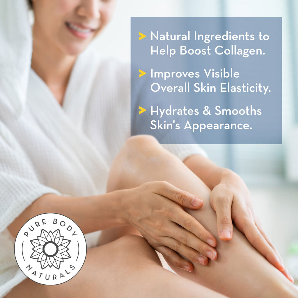 Person applying cream to their leg with text about natural ingredients and skin benefits, featuring the Pure Body Naturals logo.