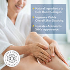 Person applying cream to their leg with text about natural ingredients and skin benefits, featuring the Pure Body Naturals logo.