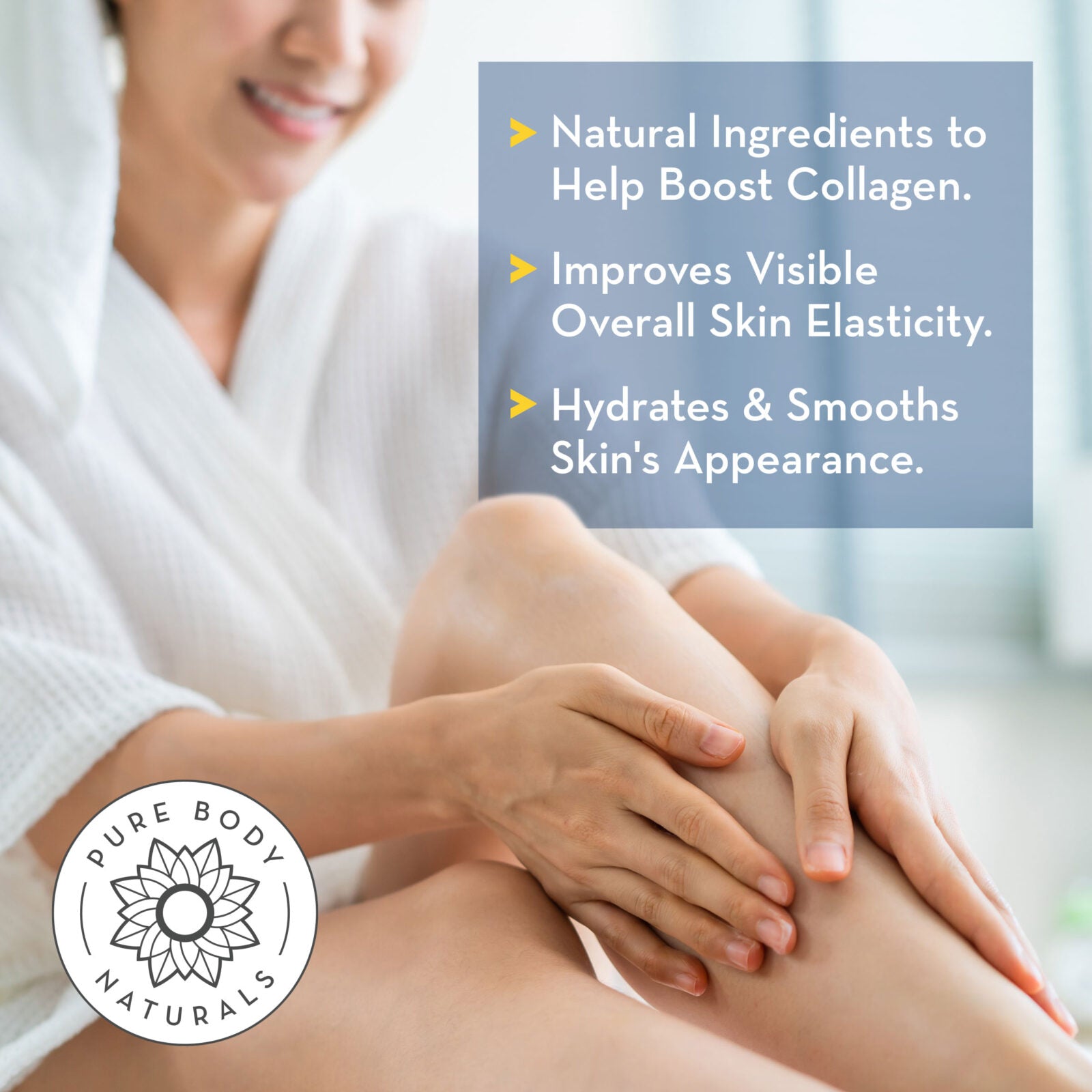 Person applying cream to their leg with text about natural ingredients and skin benefits, featuring the Pure Body Naturals logo.