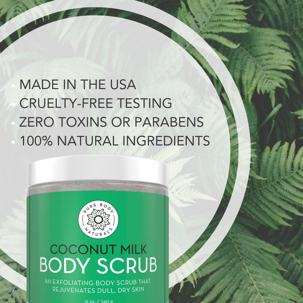 An image of Coconut Milk Exfoliating Body Scrub container with a green label. The text reads: "COCONUT MILK EXFOLIATING BODY SCRUB, An Exfoliating Body Scrub that Rejuvenates Dull, Dry Skin, 12 oz / 340 g." Background features ferns with overlay text: "MADE IN THE USA, Cruelty-Free Testing, Zero Toxins and Parabens, 100% Natural Ingredients.