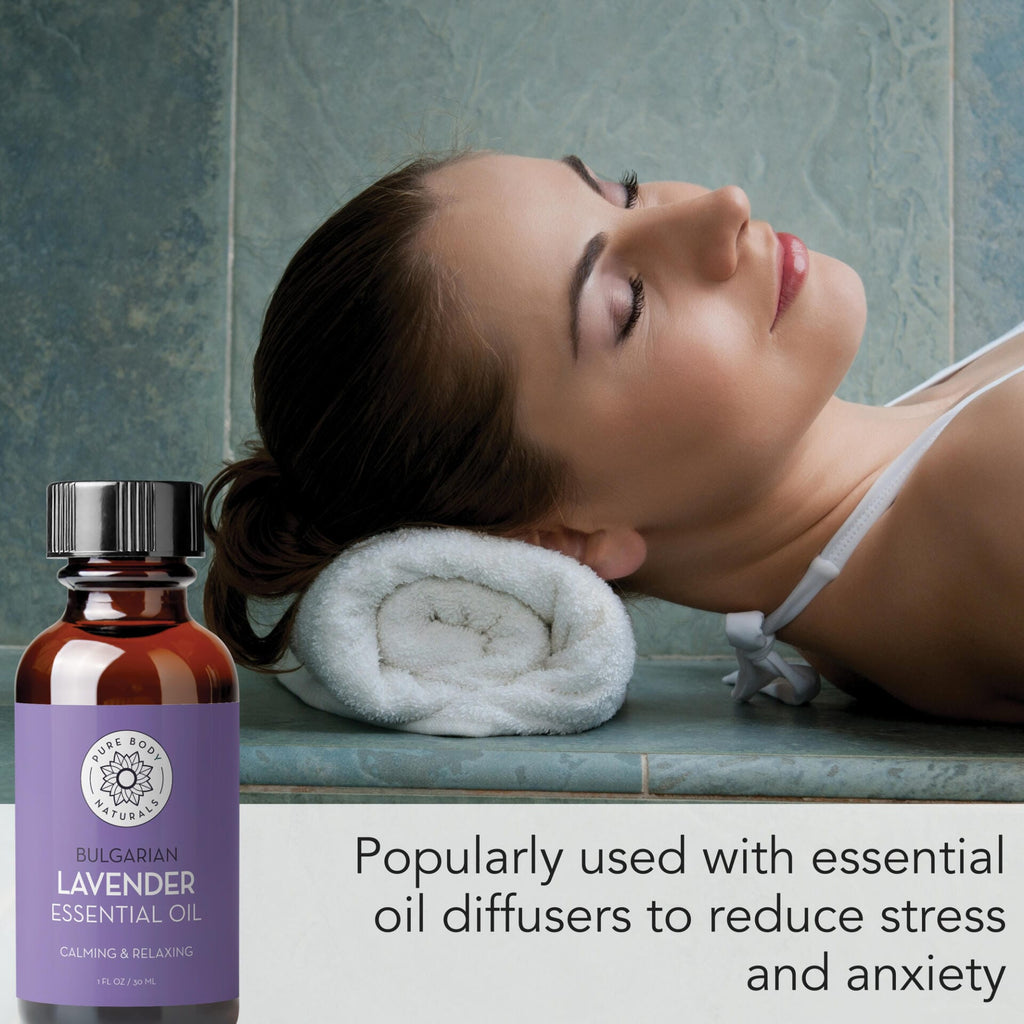 woman resting head on towel with bulgarian lavender bottle
