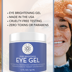 Image of a Pure Body Naturals product called Cool Hydration Eye Gel Treatment in a 1.7 fl oz (50 ml) container. The label highlights features such as being made in the USA, cruelty-free testing, and containing zero toxins or parabens. A smiling woman is applying gel on her face.