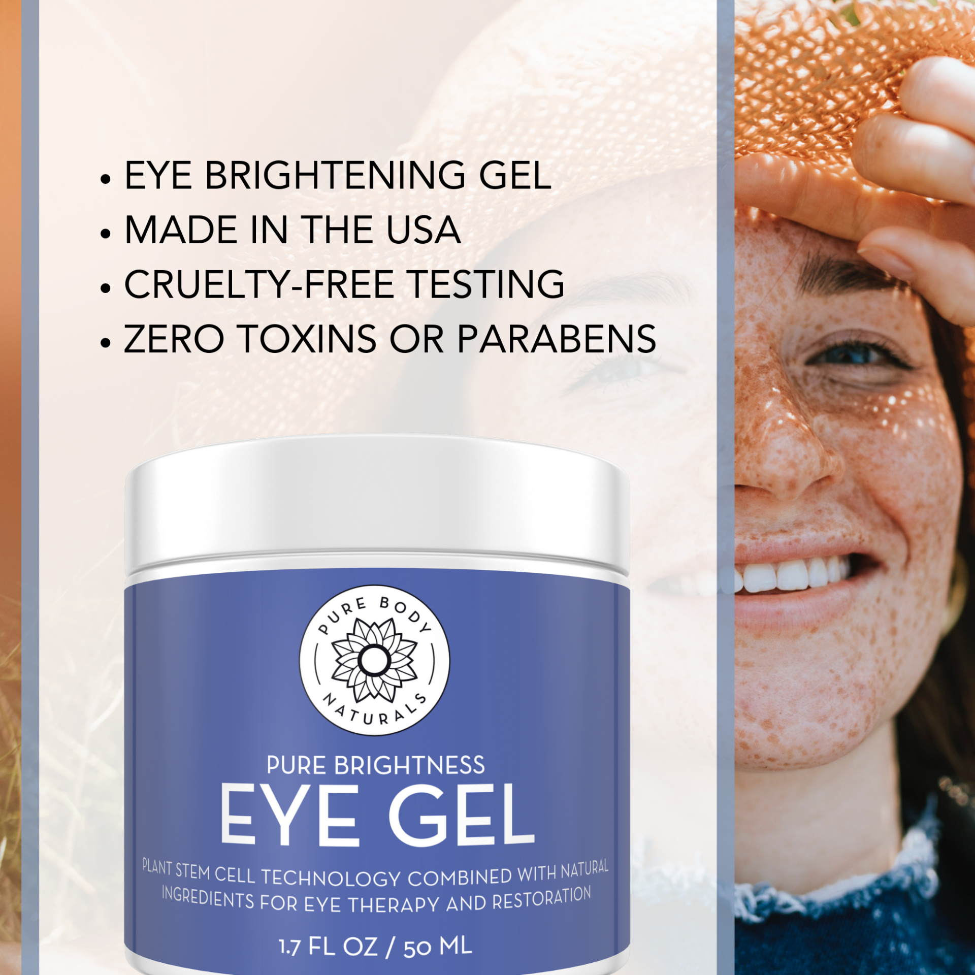 Image of a Pure Body Naturals product called Cool Hydration Eye Gel Treatment in a 1.7 fl oz (50 ml) container. The label highlights features such as being made in the USA, cruelty-free testing, and containing zero toxins or parabens. A smiling woman is applying gel on her face.