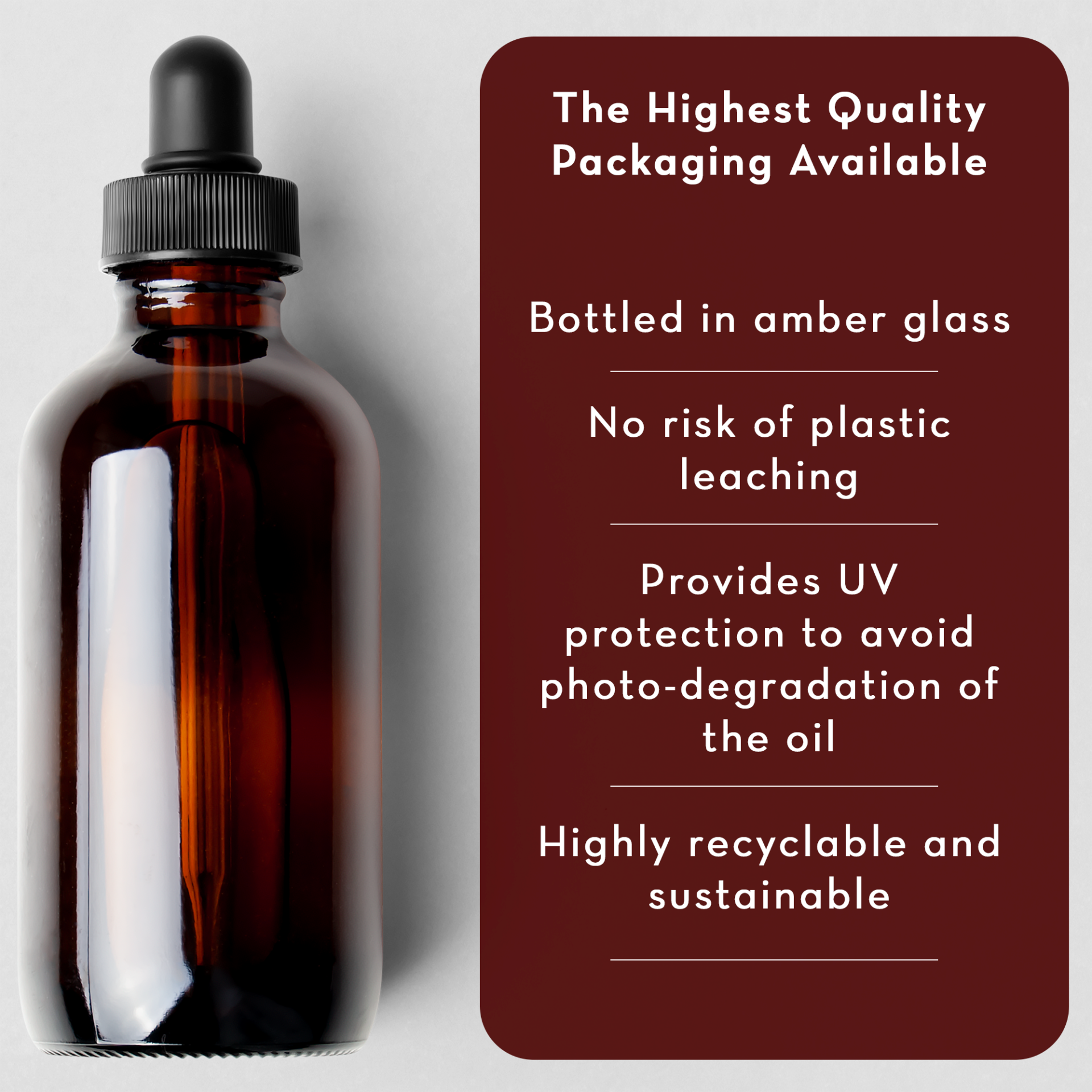 A brown, amber glass bottle of Fractionated Coconut Oil, 100% Pure with a dropper cap is displayed next to a list of benefits highlighting its packaging: no plastic leaching, UV protection to prevent oil degradation, highly recyclable, and labeled as the highest quality packaging available.