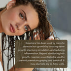 A woman with wet hair leans with her hand against her head, looking into the distance. The text overlay describes the benefits of Rosemary Essential Oil for hair growth, reducing inflammation, improving circulation, and preventing premature graying, dandruff, and dry or itchy scalp.
