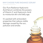 A dropper dispensing a clear liquid into the bottle of Age Defying Hyaluronic Acid Serum with Vitamins C & E, 1 Fl Ounce is shown alongside text describing its benefits. The serum combines Vitamin C and Hyaluronic Acid to moisturize skin, with antioxidant properties to reduce visible damage.