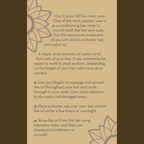 An instruction sheet with a sunflower design detailing the use of **Cold Pressed Castor Oil** as a conditioning hair mask. Steps include applying oil, massaging, using a shower cap, and rinsing. Text background is beige with brown sunflowers on top and bottom edges.